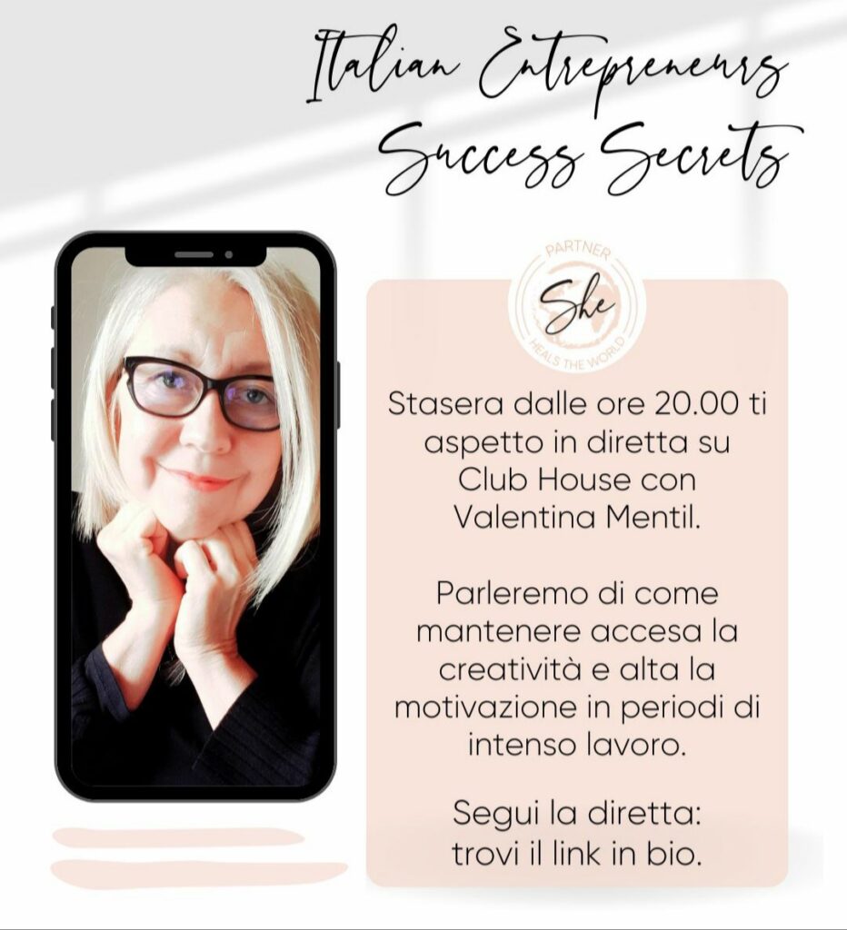 Valentina Mentil intervistata su Club House per parlare di creatività.